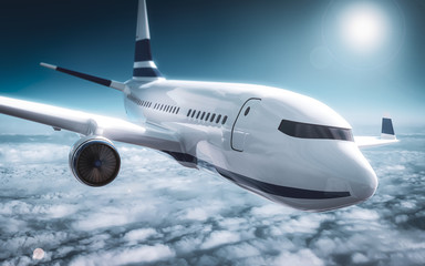 Naklejka na ściany i meble Passenger plane close up flying on cruising altitude - above clouds