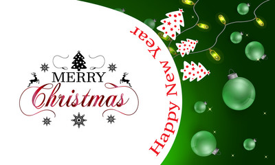 Design background Merry Christmas with Christmas balls toys and trees. vector illustration.
