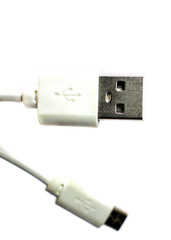 White micro USB cable BM, selective focus, close-up.