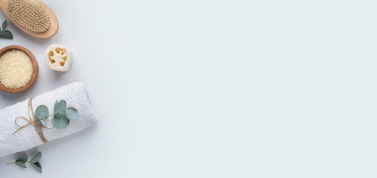 Natural set of healthy handmade cosmetics on gray