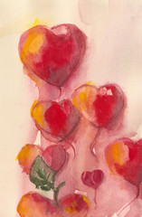 Heart shaped balloons. Watercolor.