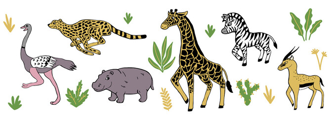 Adorable exotic african cartoon animals with tropical plants isolated on white background. Cute funny inhabitants of African savanna. Cartoon colorful vector illustration.