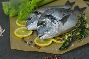 Raw fish with aromatic herbs, spices, salt and lime slices.Raw dorado on dark background .healthy food, cooking, diet, nutrition concept.