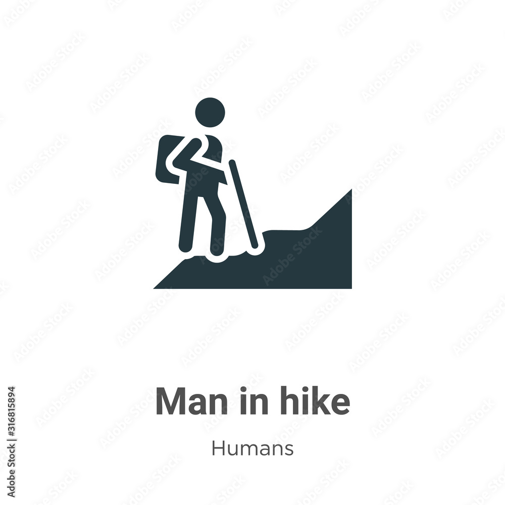 Poster man in hike glyph icon vector on white background. flat vector man in hike icon symbol sign from mod