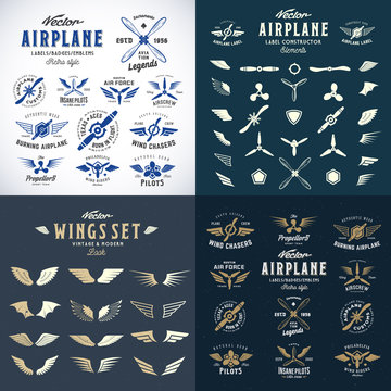Airplane Retro Labels Construction Bundle. Plane Propellers Logos Set with Wings Symbols, Shields Icons and Decorative Elements.Vintage Style Typography and Shabby Textures.