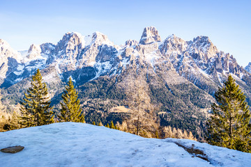 Fototapeta na wymiar View from Calaita lake with the Pale di San Martino mountains in the background, Siror - Trentino Alto Adige, Italy