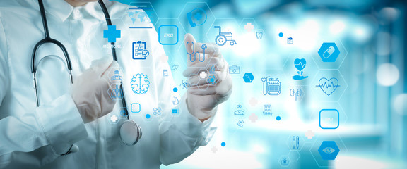 Health care and medical technology services concept with cinematography screen and AR...