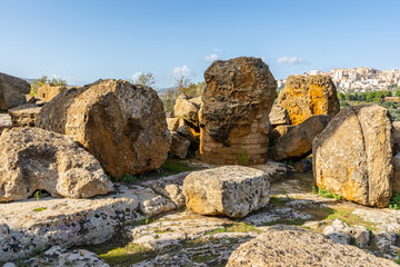 Fototapeta na wymiar Ruined Temple of Heracles columns in famous ancient Valley of Temples in Agrigento, Sicily, Italy.
