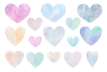 A large set of tender watercolor hearts on a white background