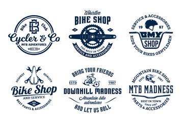 Fototapeta premium Set of vector bike shop, bicycle service, mountain biking vintage logo, badges and icons