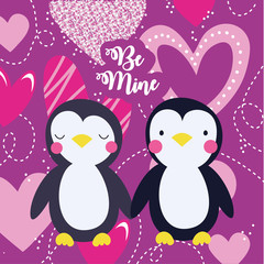 valentines day card with cute penguins couple