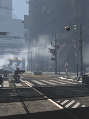 Science fiction illustration of an urban battle fought in the streets of a future city, 3d digitally rendered illustration © Algol