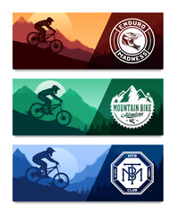 Set of vector downhill mountain biking banners with rider on a bike and desert wild nature landscape with cacti, desert herbs and mountains. Downhill, enduro, cross-country biking illustration