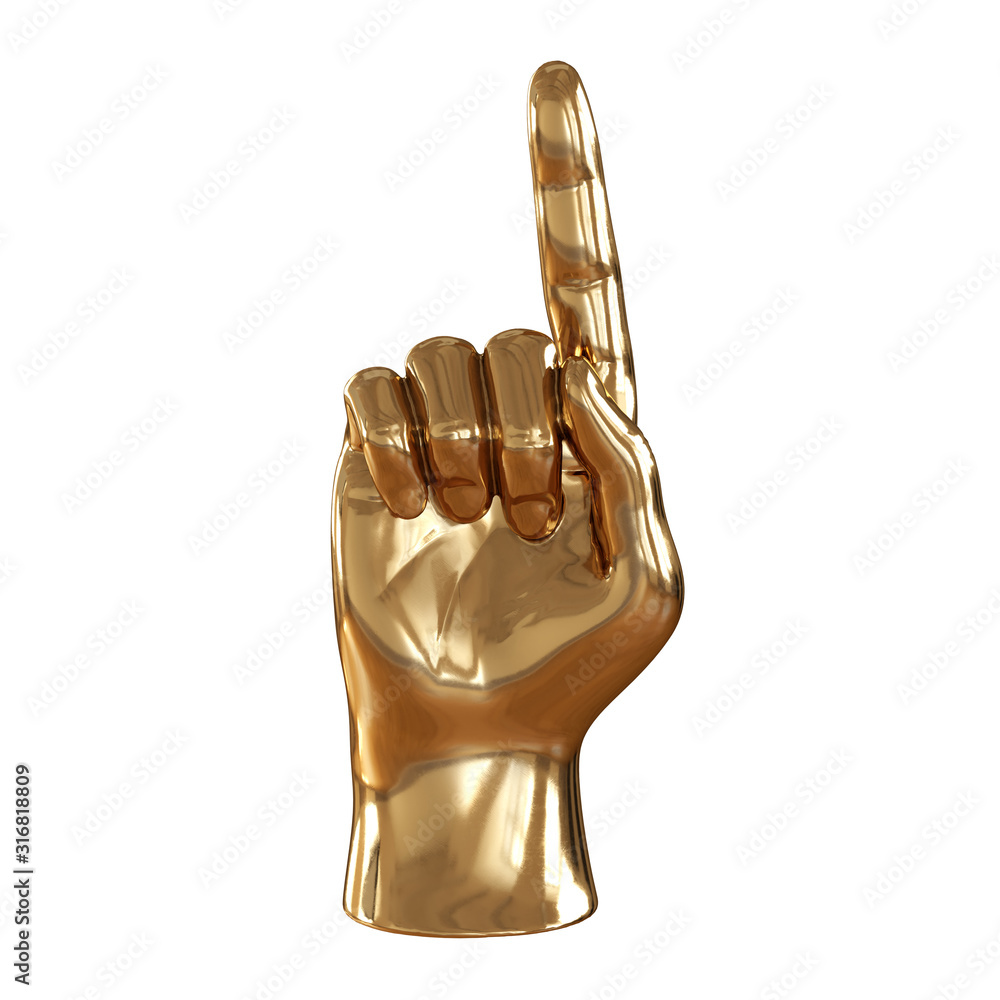 Poster golden figurine of a hand with a raised up index finger on a white background. front view. 3d render