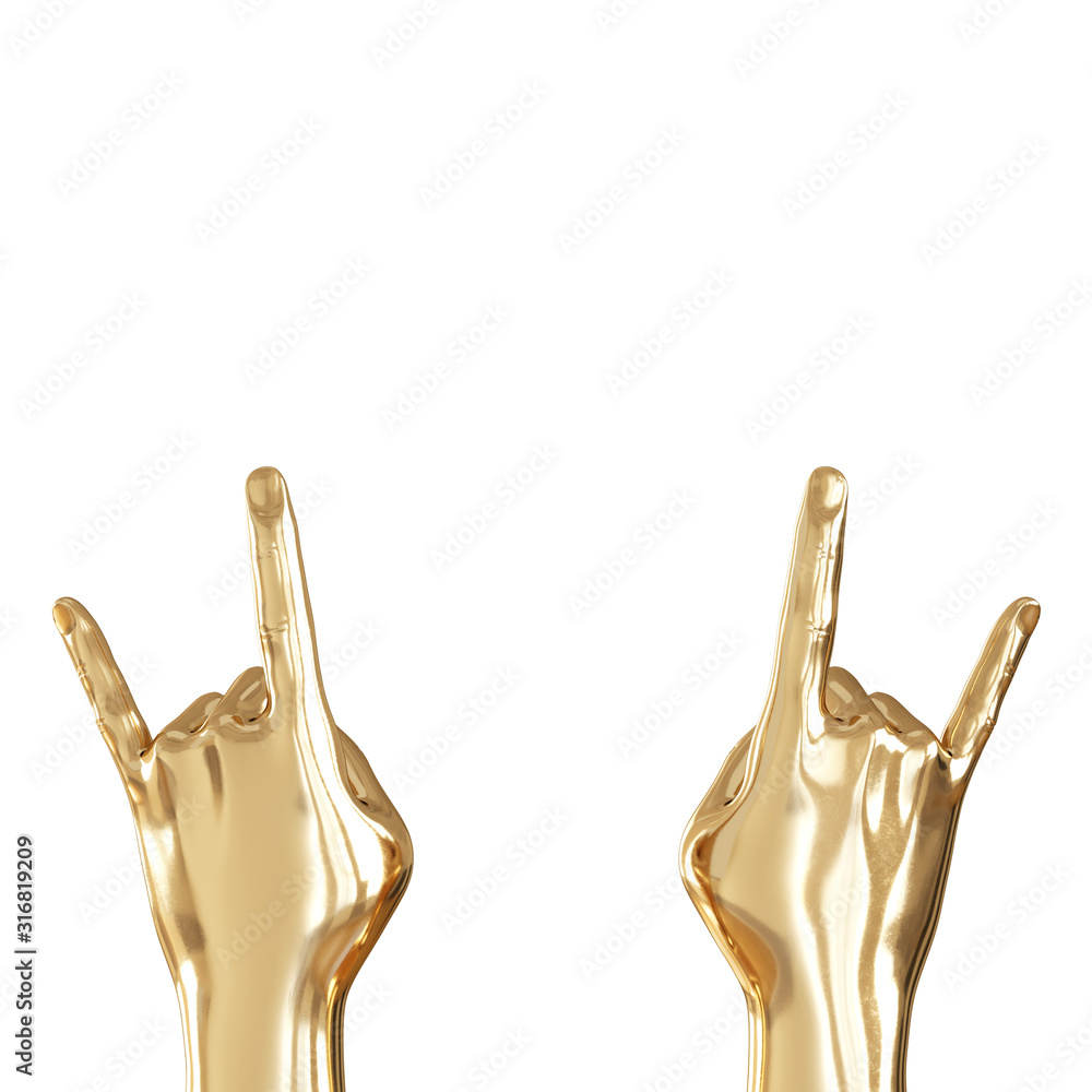 Poster two golden hands with two fingers raised up on a white background. back view. copyspace. 3d renderin