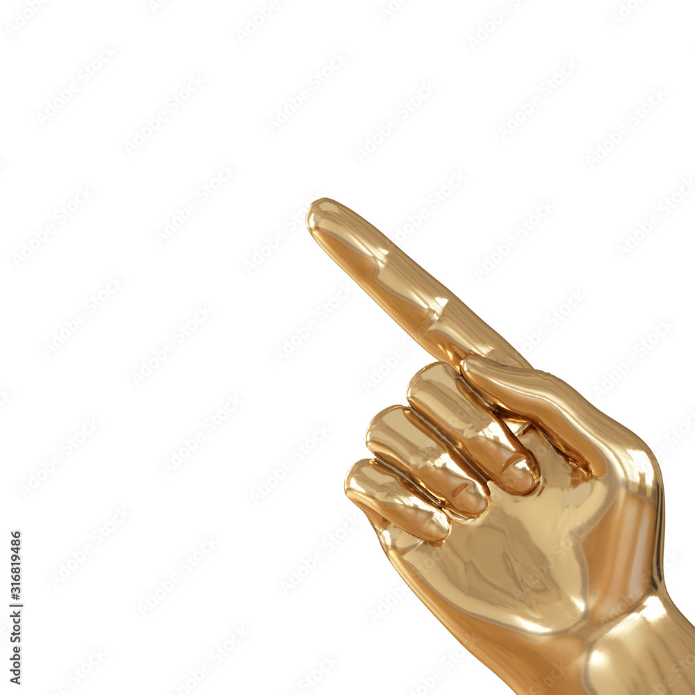 Poster golden hand with a raised index finger on a white background. 3d rendering