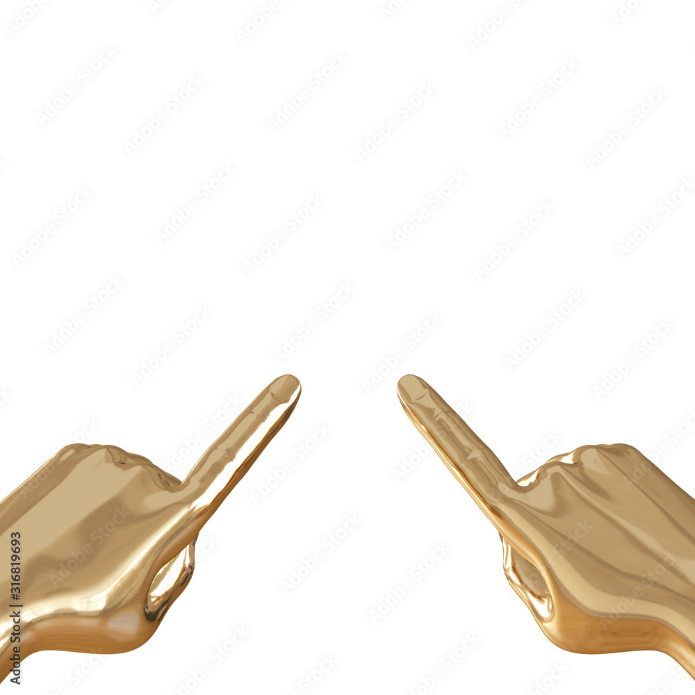Poster two golden hands in extended index finger on a white background. 3d rendering