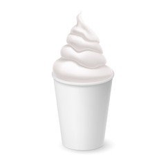 Whipped Vanilla Frozen Yogurt or Soft Ice Cream Mockup in White Cardboard Cup. Isolated Illustration on White Background