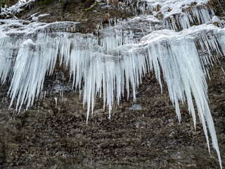 The Breitachklamm ravine in winter with long icicles in Tiefenbach near Oberstdorf, Bavaria, Germany