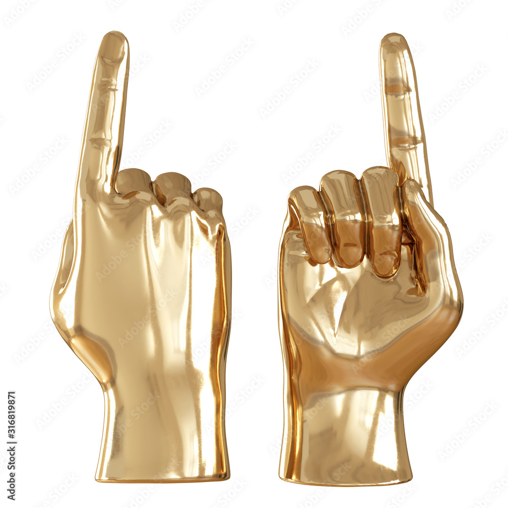Poster two golden figures of a hand with a raised up index finger on a white background. 3d rendering