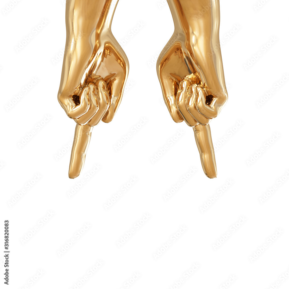 Poster two golden hands showing top down with index finger on a white background. 3d rendering