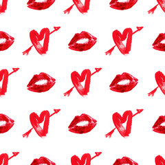 Valentine pattern with red lipstick kisses imprints and hearts painting on white
