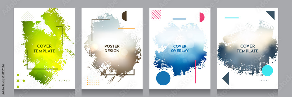 Poster vector grunge overlay. backgrounds set. abstract frame with memphis pattern elements. ink brush clip