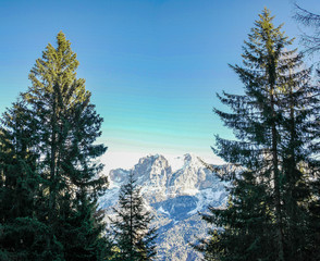 View from Calaita lake with the Pale di San Martino mountains in the background, Siror - Trentino Alto Adige, Italy
