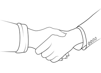  handshake of man and woman, partnership in business, greeting. Vector illustration black outline isolated on white background.