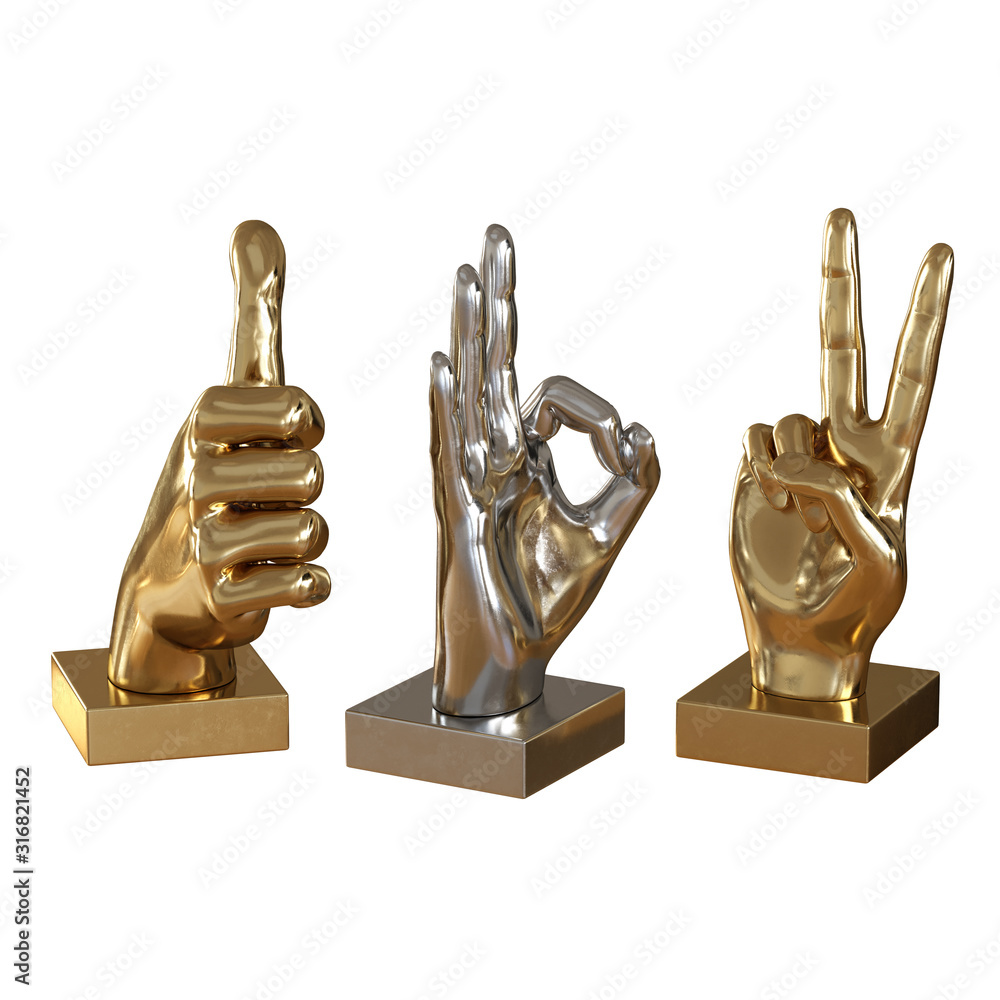 Poster three figurines of a hand showing various gestures on a white background. 3d rendering