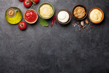 Set of various sauces. Popular sauces in bowls