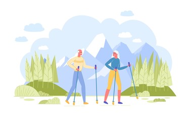Obraz na płótnie Canvas Pensioners Scandinavian Walking at Mountains.