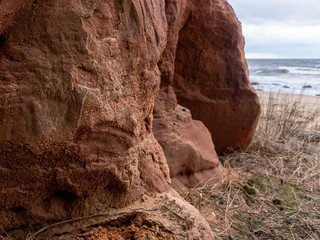 landscape with sandstone cliff fragments on blurred background