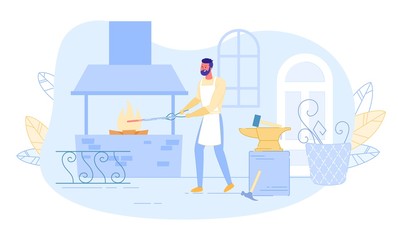 Young Blacksmith Master Work in Forge with Anvil