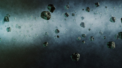 Asteroid belt 3D CGI Render in space, stars and sun flares in the background