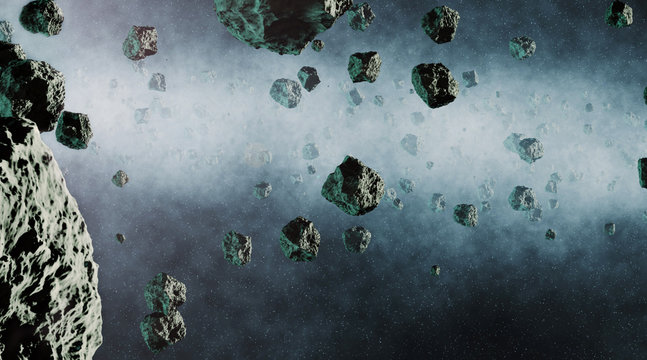 Asteroid belt 3D CGI Render in space, stars and sun flares in the background