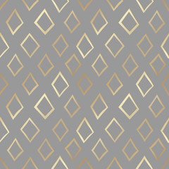 Modern seamless pattern with diamond shapes on grey background. Simple vector backdrop with golden foil effect. Contemporary abstract texture for fabric print or wrapping paper.