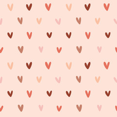 Simple modern valentine background, romantic seamless vector pattern, backdrop handdrawn ornament made of handdrawn heart shape doodles, trendy warm colors, good as card, wallpaper or wrapping paper.