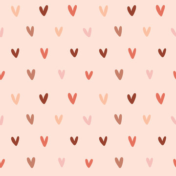 Simple modern valentine background, romantic seamless vector pattern, backdrop handdrawn ornament made of handdrawn heart shape doodles, trendy warm colors, good as card, wallpaper or wrapping paper.