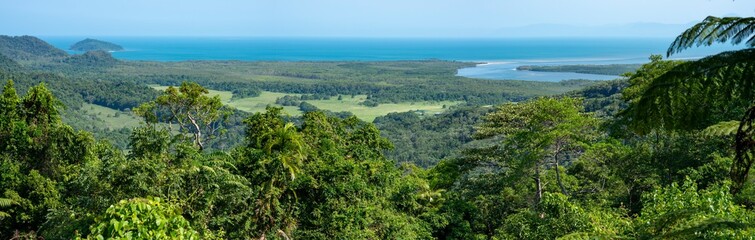 Canopy View Daintree Rainforest National Park on Mount Alexandra Lookout over Great Barrier Reef And Coral Sea on a Sunny Day, Far North Queensland Australia. - obrazy, fototapety, plakaty