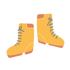 Yellow boots for winter or autumn cold or rainy weather. Pair of casual footwear for camping, leather shoes, modern hand drawn isolated vector illustration, flat cartoon style, good as icon or logo.