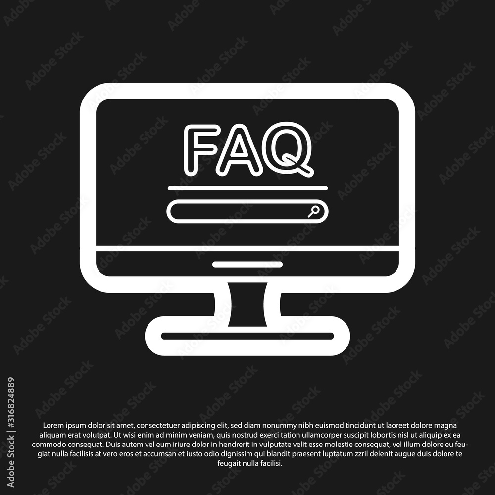 Fototapete black computer monitor with text faq information icon isolated on black background. frequently asked