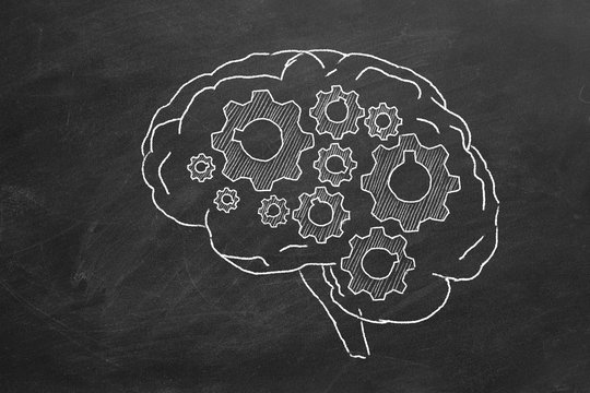 Human brain with cogwheels hand drawn in chalk on a blackboard.
