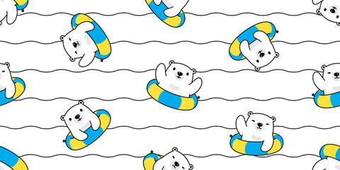 Bear seamless pattern polar bear vector swimming ring pool ocean sea summer teddy cartoon scarf isolated wave repeat wallpaper tile background illustration doodle white design