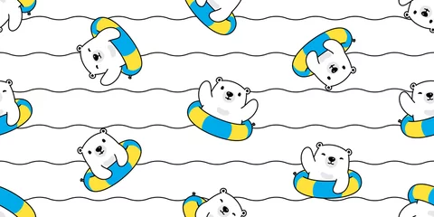 Door stickers Sea waves Bear seamless pattern polar bear vector swimming ring pool ocean sea summer teddy cartoon scarf isolated wave repeat wallpaper tile background illustration doodle white design