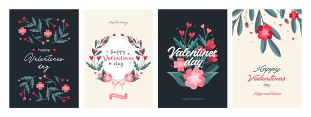 Set of Valentines Day Card Templates. Trendy Floral Style. Design with ornaments, hearts and ribbons - obrazy, fototapety, plakaty