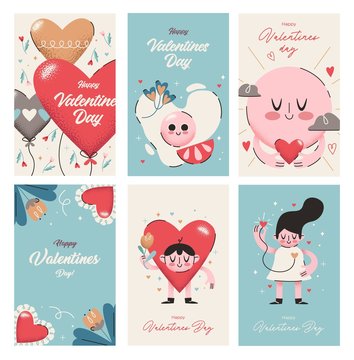 Valentines Day Cards collection. Cute holiday themed characters and situations. Vector