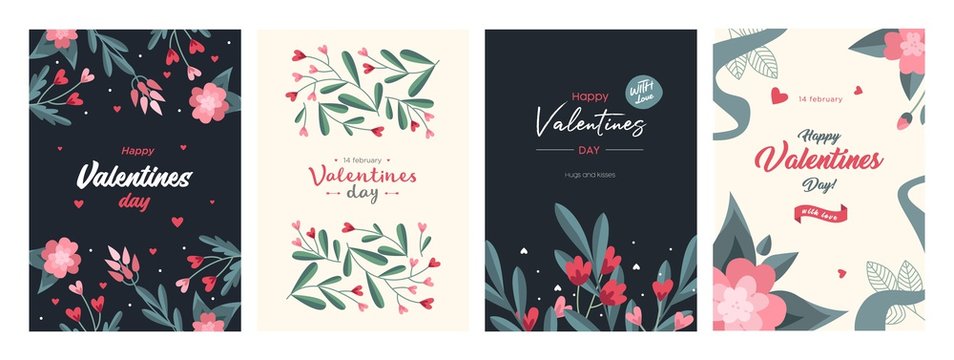 Set of Valentines Day Card Templates. Trendy Floral Style. Design with ornaments, hearts and ribbons