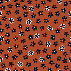 Monochrome abstract outlined white hand-drawn daisy flowers on brown background vector seamless pattern