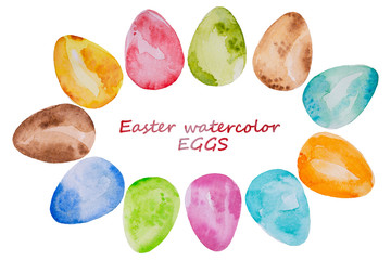 Watercolor, hand drawn colorful Easter eggs greeting card illustration, isolated on white.